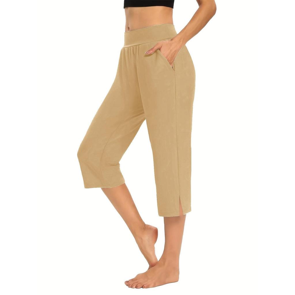 Women Elastic High Waist 3/4 Pant Casual Active Fit Wide Capris Leg Pants Trousers With Pockets