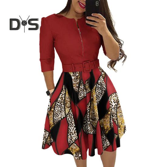 Ladies Dress Zipper Decor Belted Tight Waist Color Matching Print Round Neck Pockets Three Quarter Sleeve A Line Loose Hem Spring Fall Mini Dress