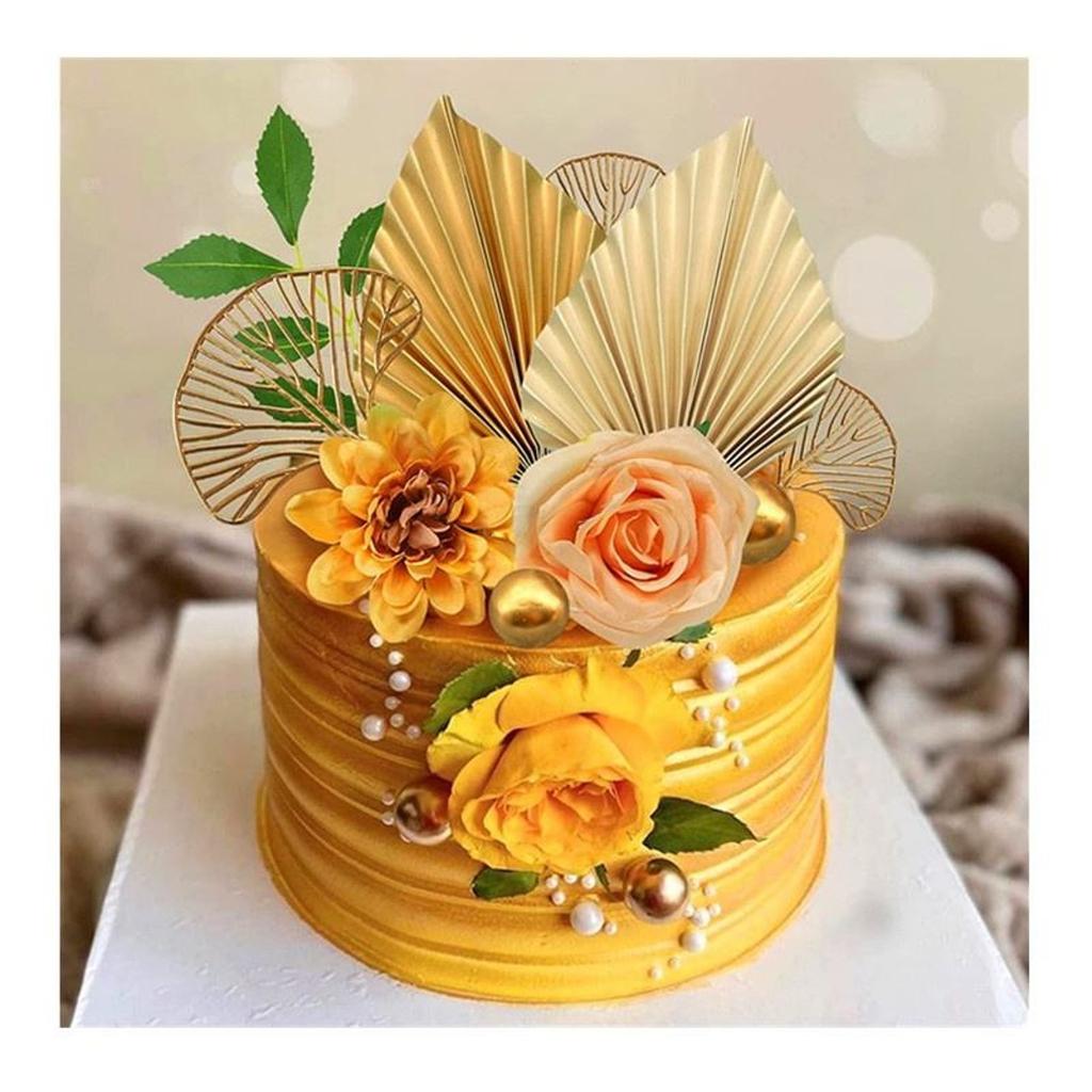 4pcs Spear Cake Topper Happy Birthday Golden Leaf Decor Wedding Baking Dessert Table Party Favors
