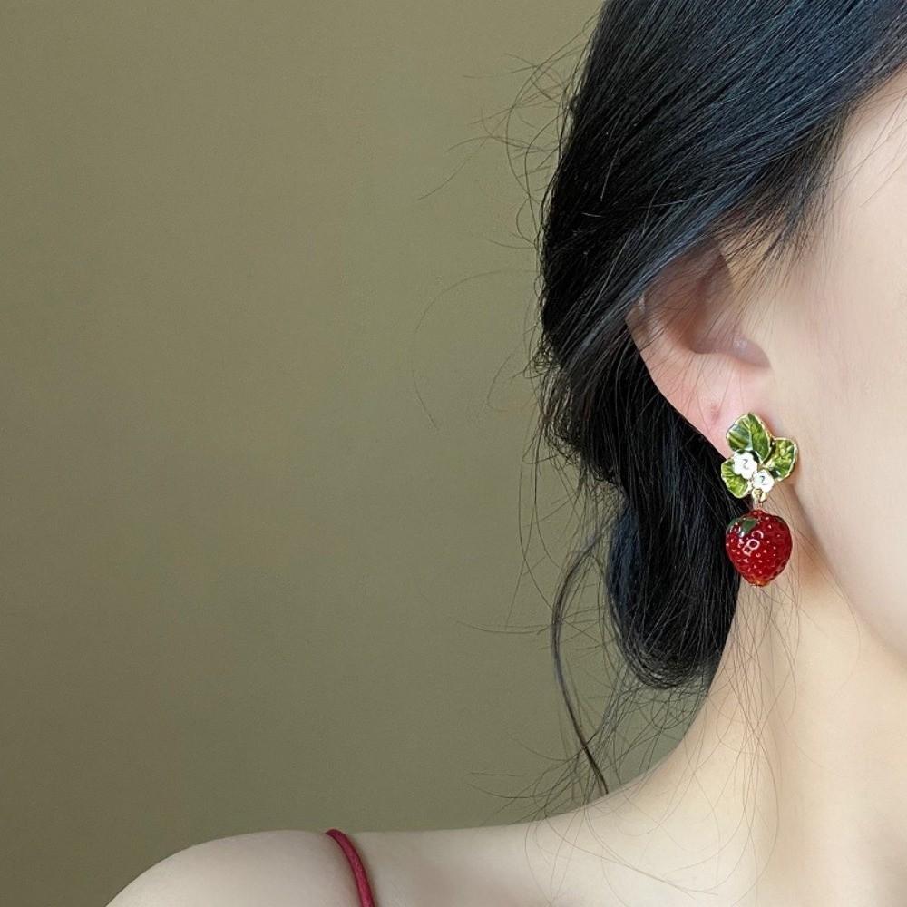 Green Leaves Simulated Fruit Earrings Dainty Flower Drop Earrings Strawberry Drop Earrings Girls