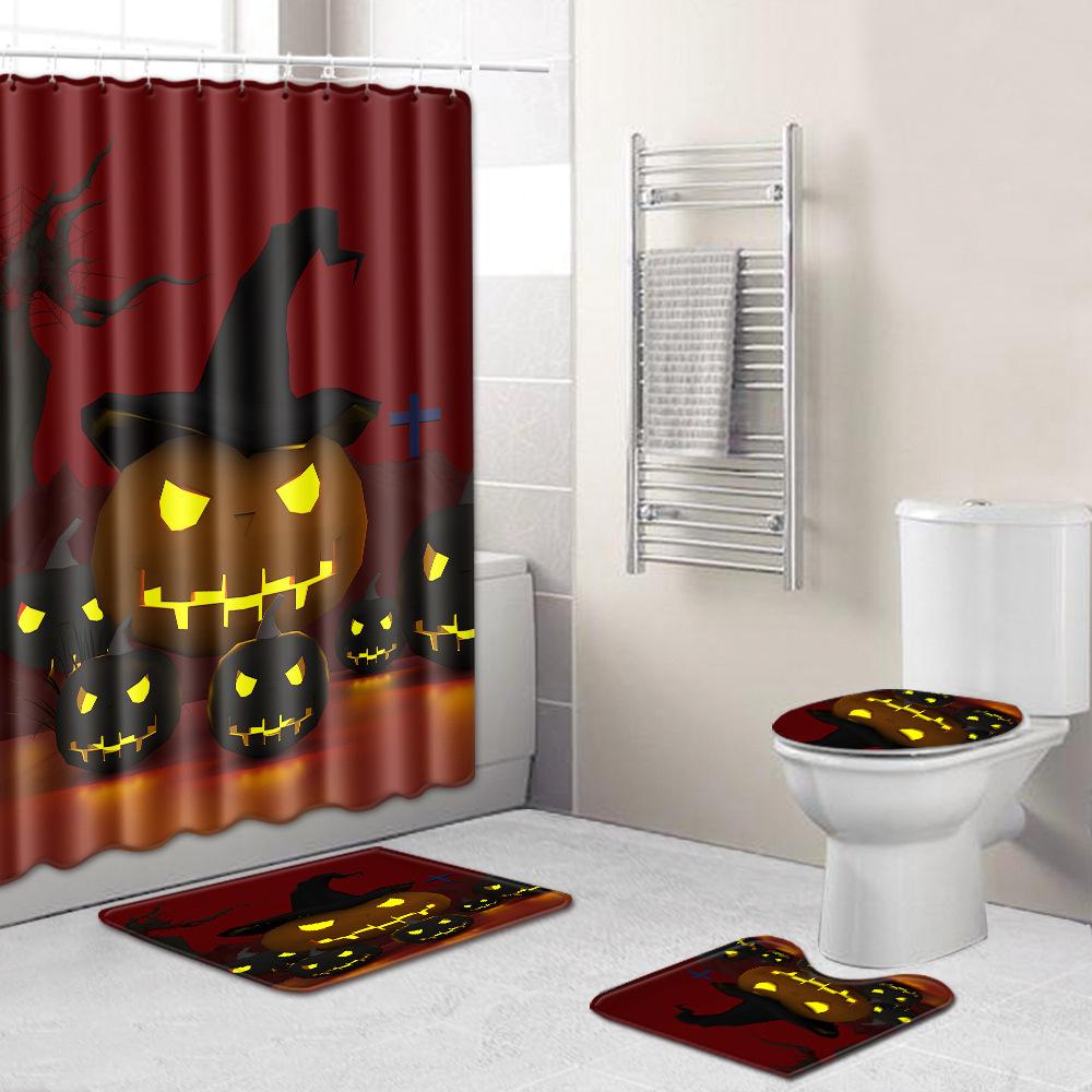Halloween Shower Curtain Floor Mat Combination Four-Piece Set Bathroom Toilet Carpet Shower Room Foot Mat
