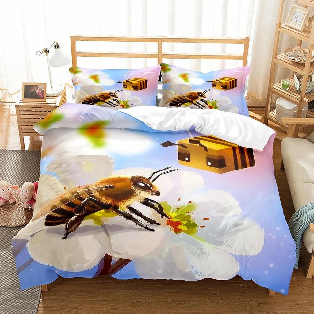 Yellow Bee Duvet Cover Set Cartoon Wild Animals Pattern Quilt Cover With Pillowcase Lightweight Soft Gift King Queen Full Size