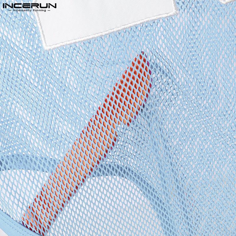 INCERUN Мужские сетчатые боди без рукавов с буквенным принтом, прозрачные облегающие трусы, комбинезоны