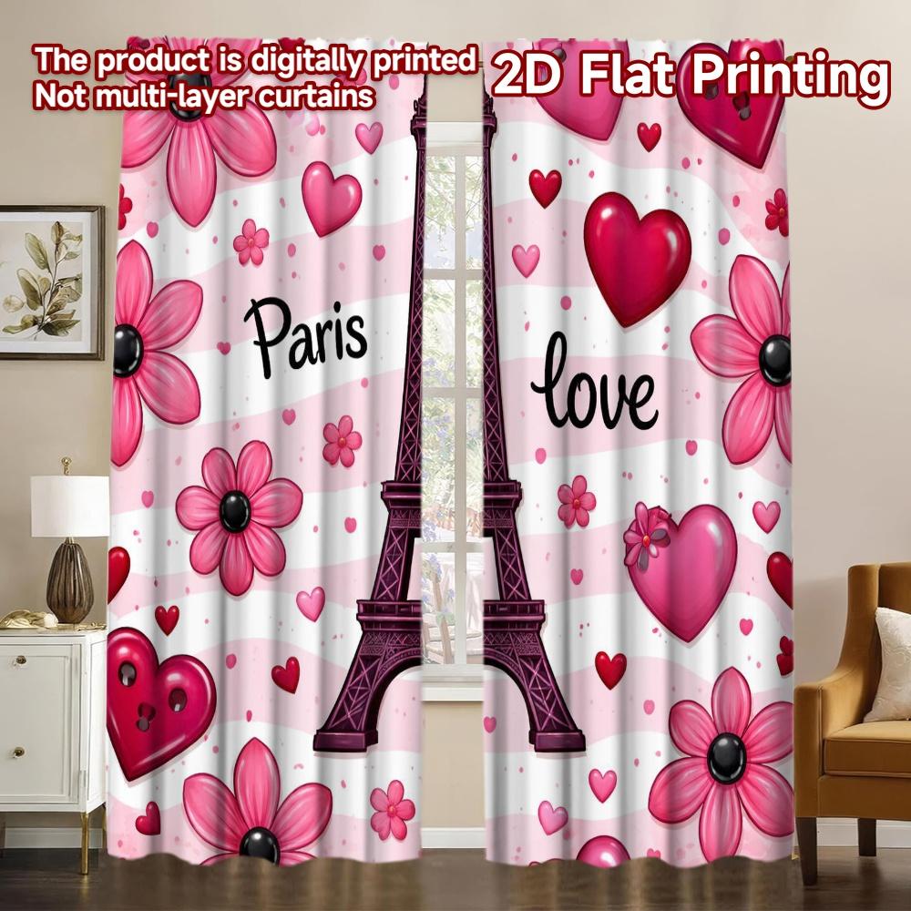 2D FLAT PRINTING 2pcs Curtains (Without Rod) Valentine's Eiffel Tower Love Popular Curtain Machine Washable Fabric Curtains weet