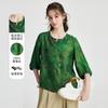 100% Mulberry Silk] Spring/Summer Round Neck Retro Printed Chinese Style Pan Buckle Loose Western Style Silk Shirt for Women