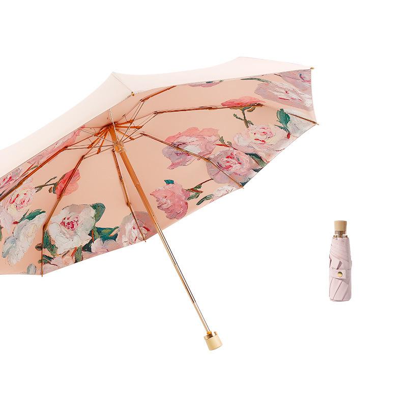 Five-fold Wooden Handle Sunny and Rainy Dual-use Sunscreen and Anti-ultraviolet Color Glue Folding Female Sun Umbrella