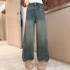 Girls' 2025 Korean Style Fleece-Lined Loose Wide-Leg Winter Jeans for Middle and Big Children