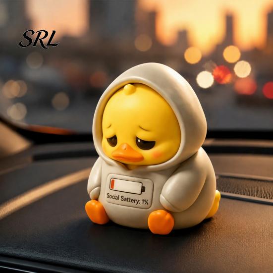 Fun Car Patrol Duck Ornament 3D Printed Sad Yellow Figurines, Cute Tired Worker Resin Small Desktop for Migrant Workers Desk Ornaments Home