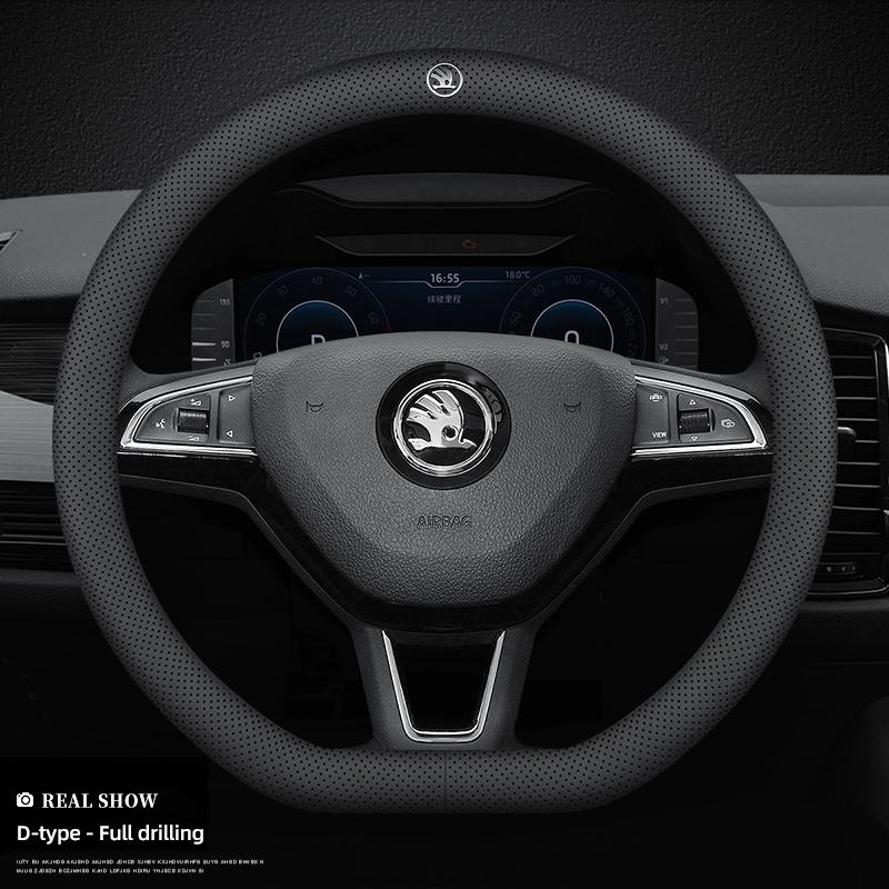 gaxjz5 Car Leather Steering Wheel Cover Anti-slip Accessories For Skoda Yeti Kamiq Kodiaq Karoq Octavia Fabia Rapid Vrs Superb A4 Scala