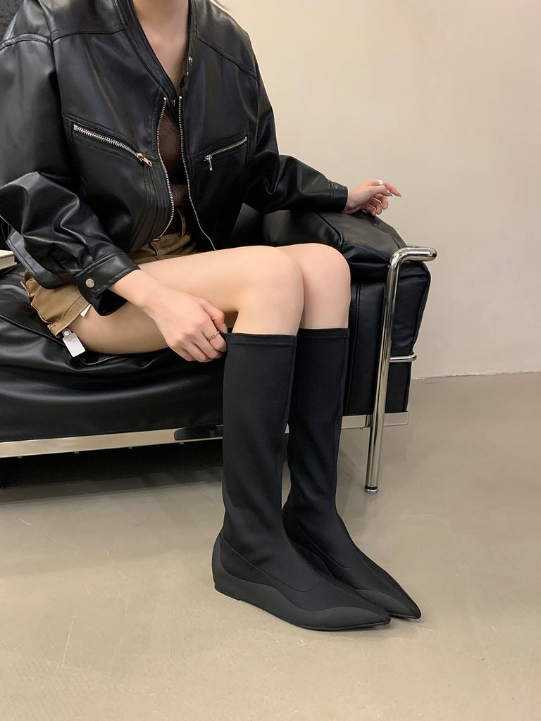 Модные женские ботильоны с острым носком, эластичные ботильоны 2024 года, новые поступления, туфли на танкетке черного цвета, высокие каблуки, модные туфли для вечеринок