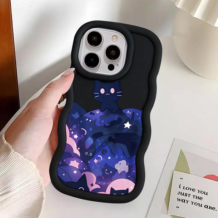 Мягкий чехол для телефона для iPhone 15 Plus 13 11 14 XR 16 Pro Max 17 Air 8 12 Черная кошка Звездная ночь
