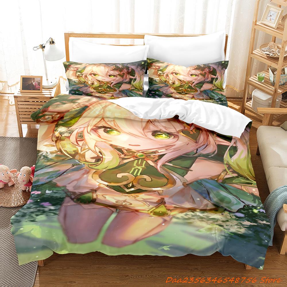 New Game Nahida Genshin Impact Bedding Collection Cartoon Anime ThreePiece Set Adult Kid Bedroom Duvetcover Collections 3D Kawaii Girls