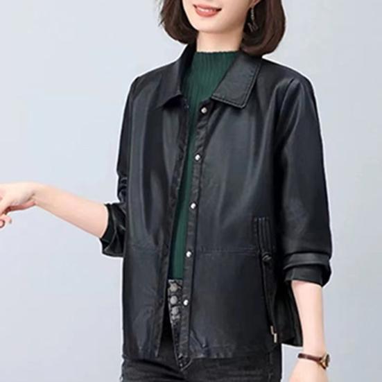 Women Jacket Faux Leather Smooth Surface Turn-down Collar Single-breasted Pockets Long Sleeves Retro Motorcycle Coat Plus Size Travel Outerwear