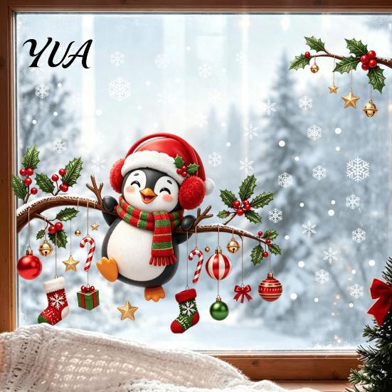 Festive Home Decor Supplies Christmas Static Window Cling, Penguin Decal with Holly Baubles Snowflakes, Non Adhesive Film for Living Room Window,