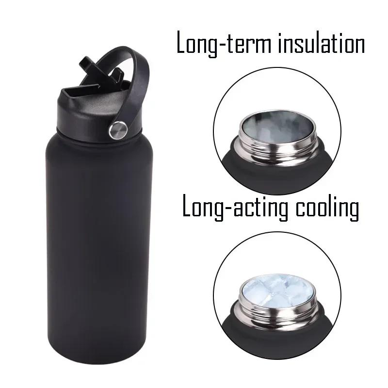 1L Sports WATER BOTTLE With Handle And Straw Stainless Steel Large Capacity Vacuum Flasks Drinkware Large Mouth GymThermos CUP