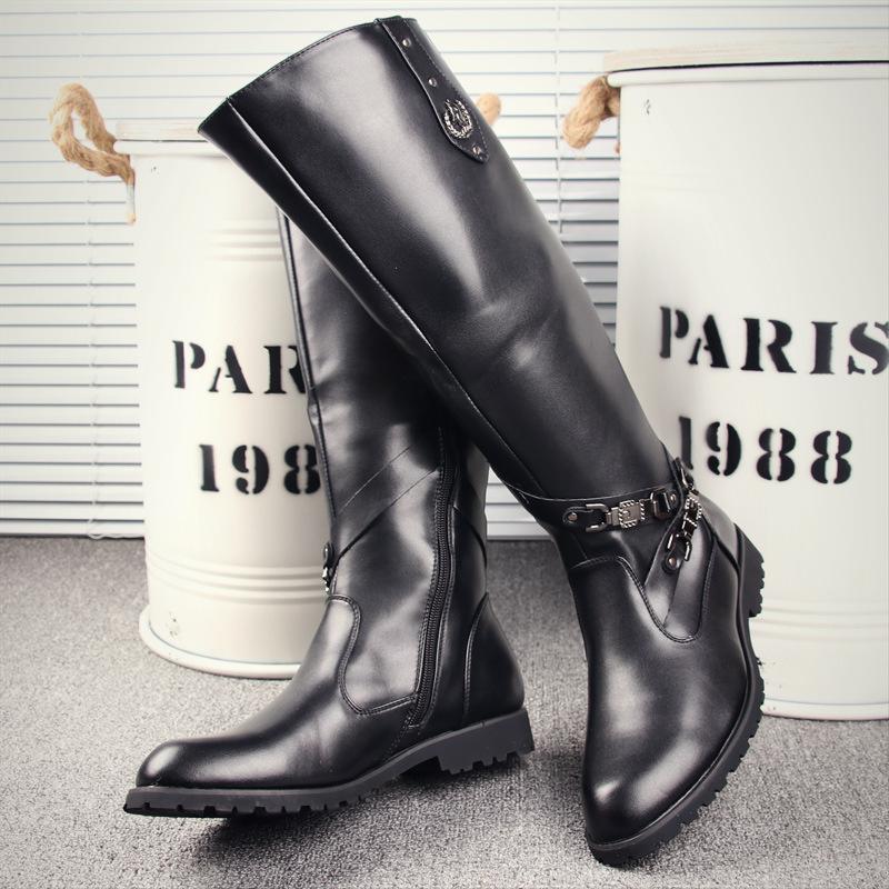 Mens Long Leather Tall Boots Fashion Pointed Toe Knight Boots Designer Motorcycle Boots High Quality Outdoor