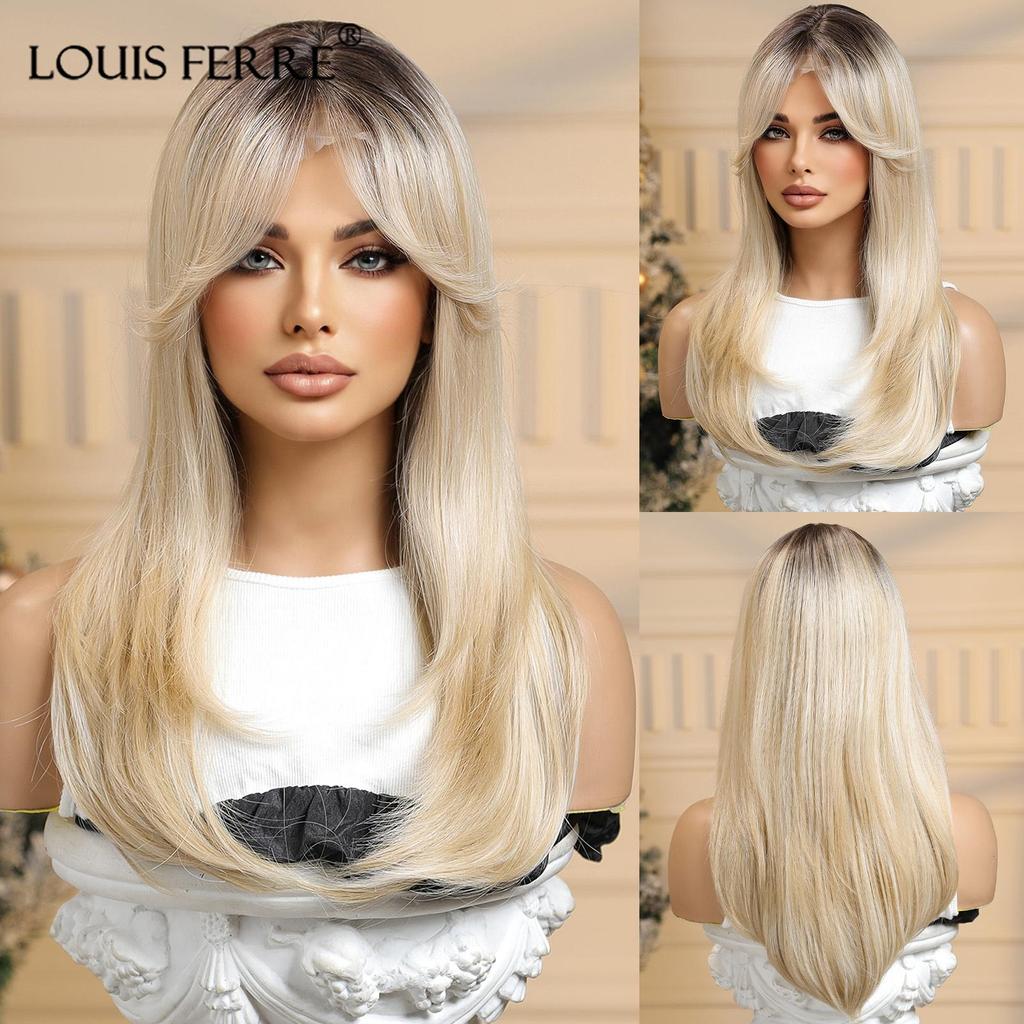 Блондинка, синтетический парик с кружевной передней частью, средней длины, омбре, от блондинки до платины для женщин, повседневные вечерние парики для косплея, термостойкие волокна волос