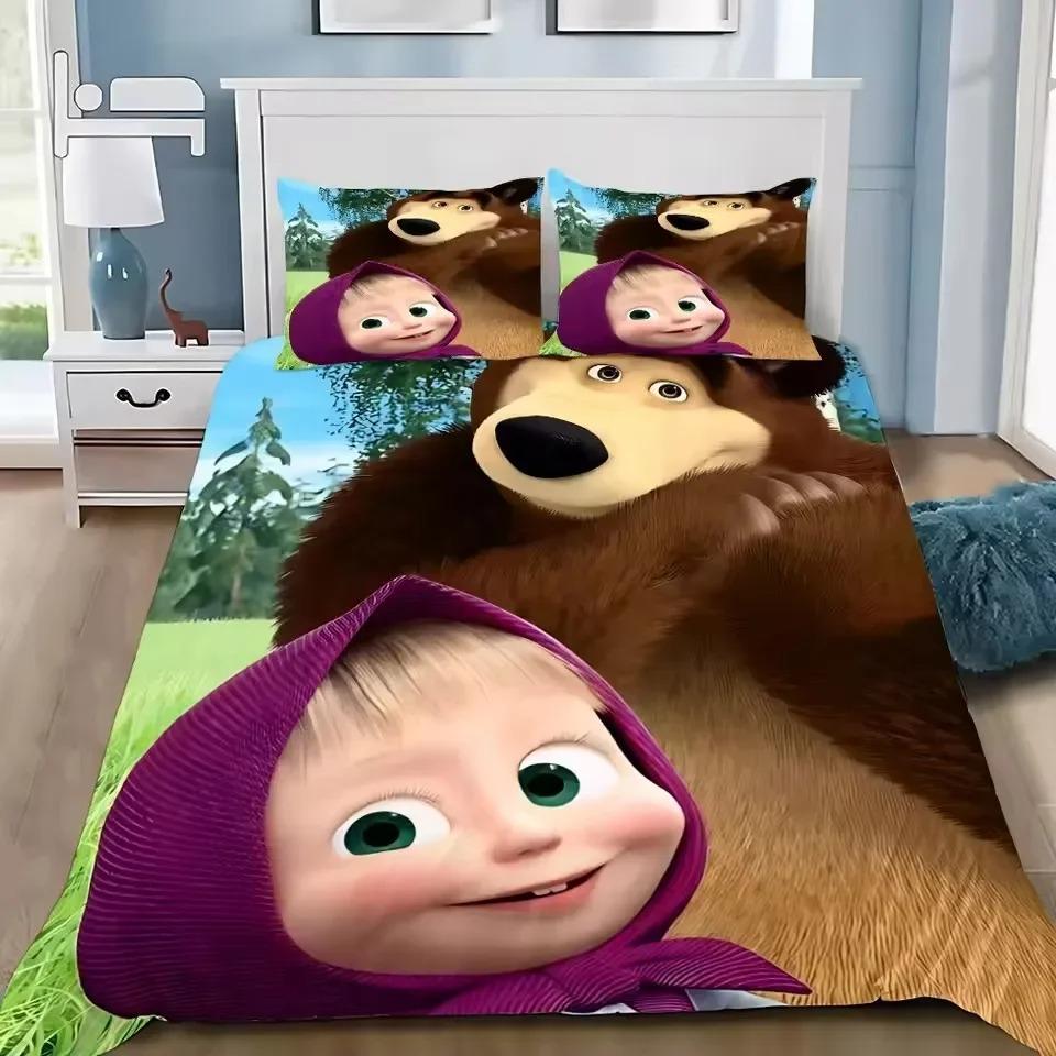 Маша и Медведь 3D Печатное Пододеяльник Наволочка Комплект Постельного Белья Твин Фулл Квин Кинг для Спальни Декор