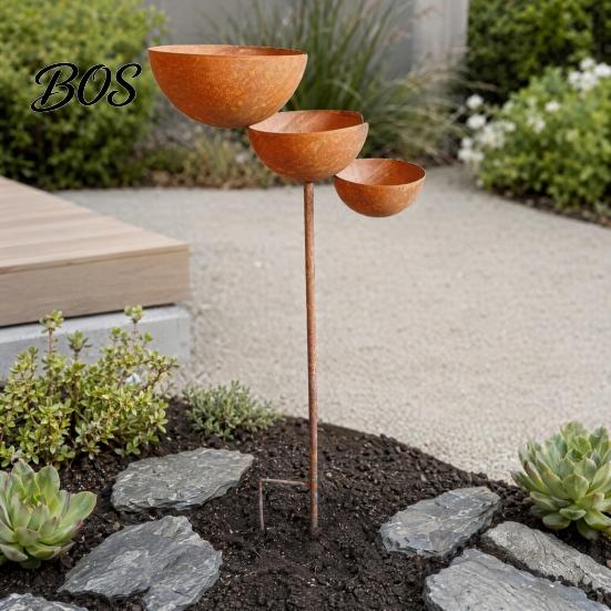 Anti-rust Garden Stake 3 Tiered Cascading Rain Catcher Bird Bath, Metal Water Stable Feeder Post Bowl Feeder, Outdoor Pollinator Watering Station for