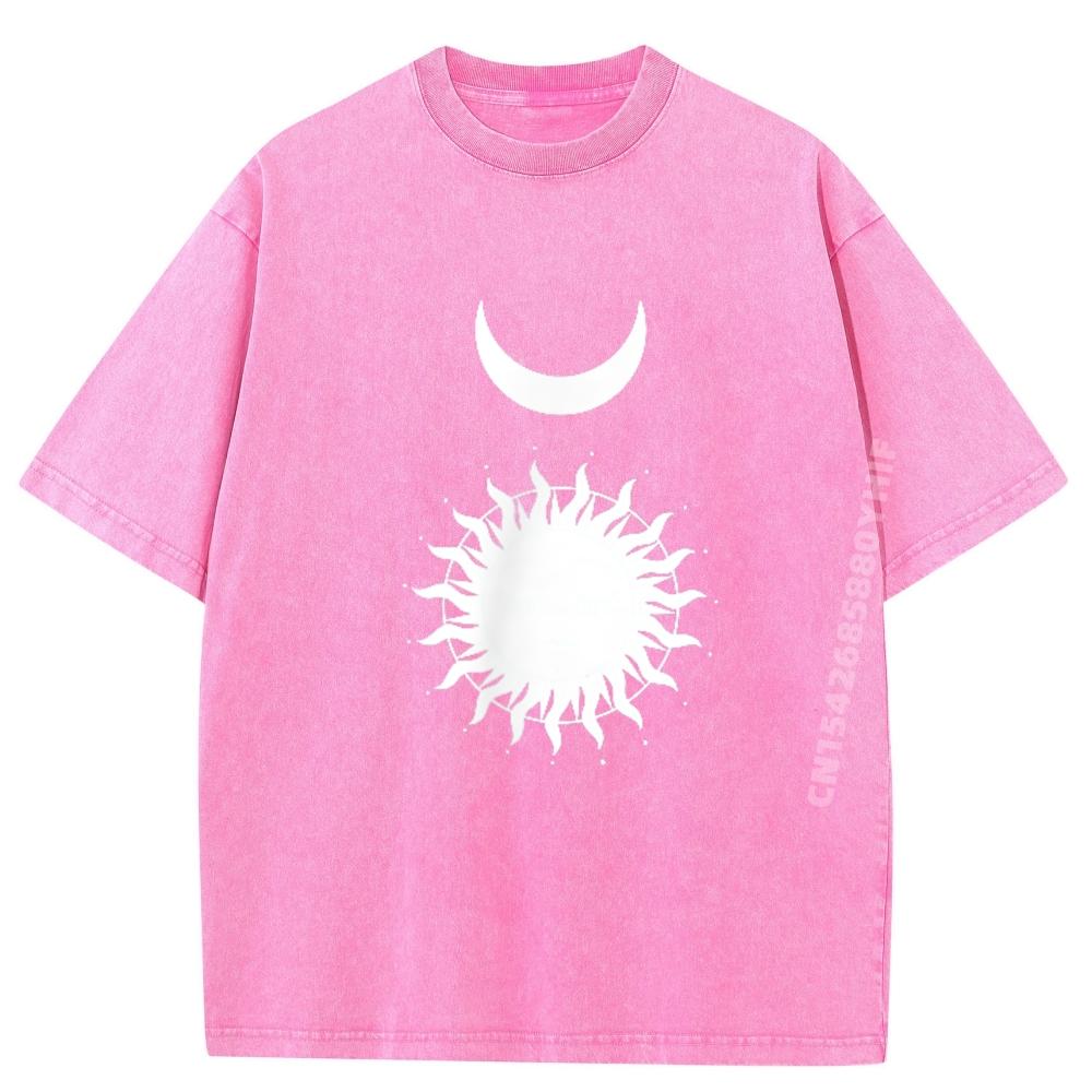 Sun With Crescent Moon Celestial Gothic Lunar Pocket Witchy Oversized T Shirt Men Classic Washed Shirt Man Tops