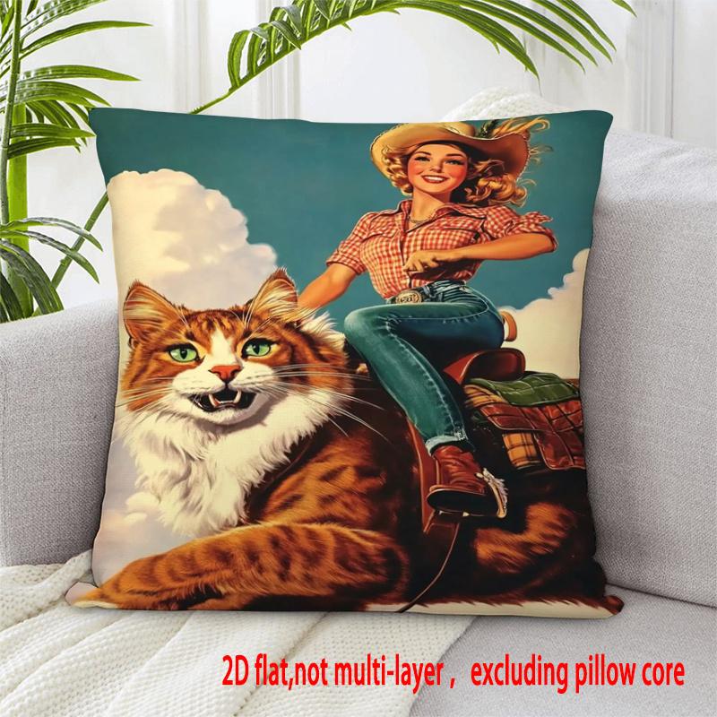 2D Flat Printing, 1pc Double-Sided Pillowcase, Adventure Decor Pillow with Cat And Cowgirl, Vivid Pillowcase 2D Flat Multi-Size Available Pillow Core