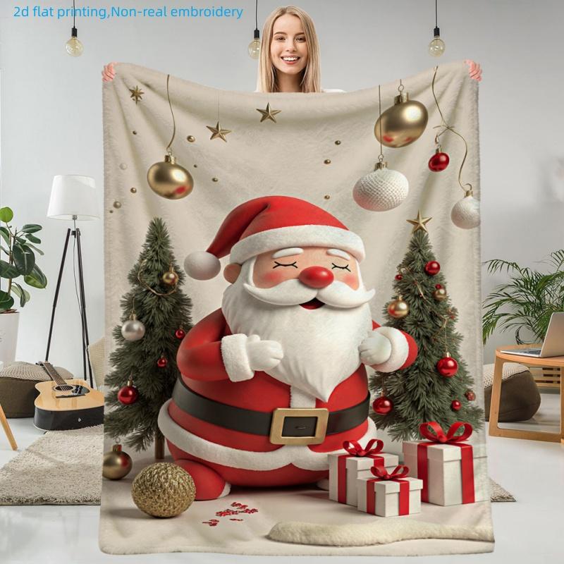 1pc Christmas Cartoon Santa Claus And Christmas Tree Printed Blanket, Festive Atmosphere, Multi-Size Available, Autumn Thanksgiving Christmas Nap Blan