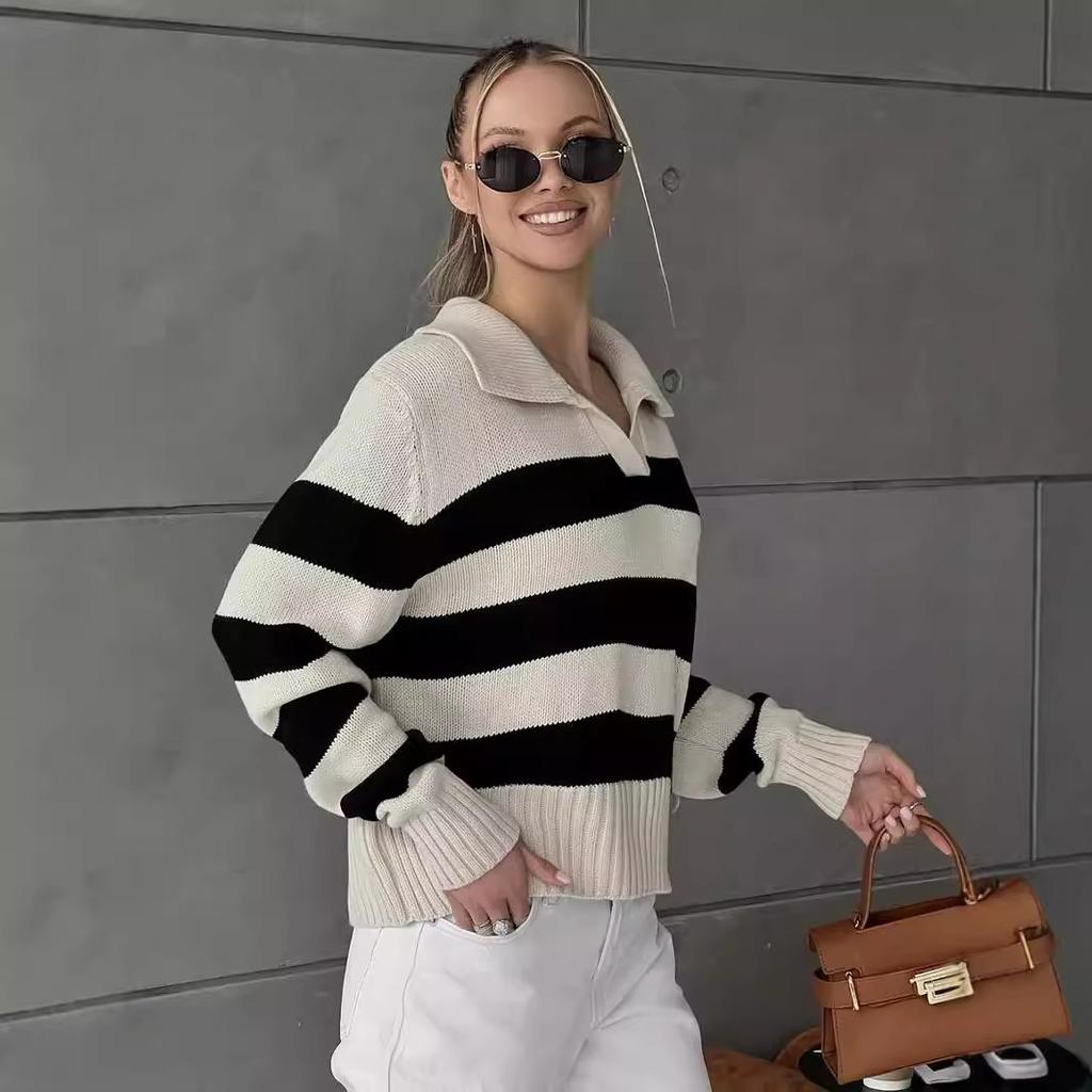 Women's Knitwear Autumn and Winter Striped Color Collision Loose Knitted Sweater Elegant Woman Comfortable and Versatile