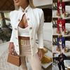 Women Suit Coat Stand Collar Long Sleeve Double Breasted Suit Jacket Solid Color