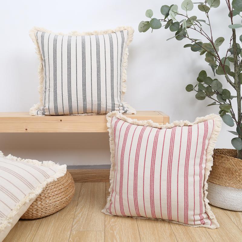 1Pc Striped Jacquard Throw Pillow Case, Retro Geometric Cushion Case with Tassels, Room Decor Party Decor, No Pillow Insert