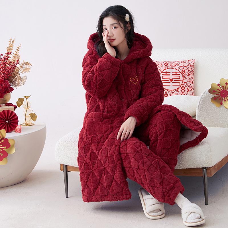 2023 Женская ночная рубашка из кораллового флиса: Плотный бархат с подкладкой, осенне-зимний, универсальный костюм для дома и улицы