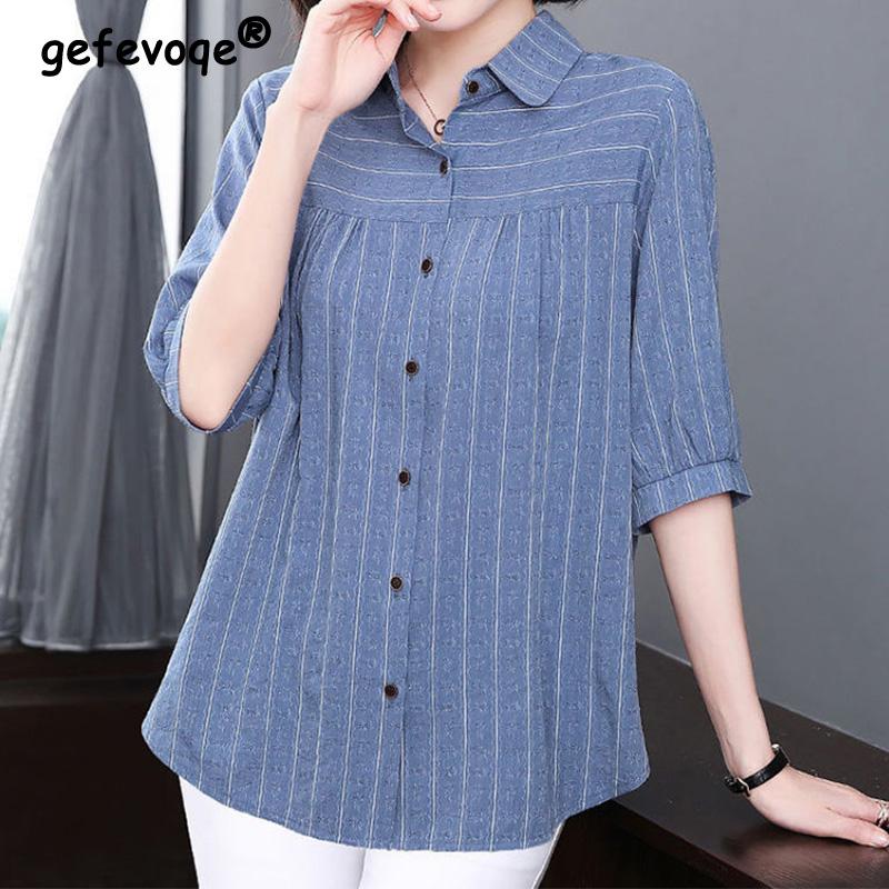 Casual Fashion Elegant Solid Color Striped Printed Button Shirt Summer New Polo-Neck Half Sleeve Loose Tops Ladies Clothing