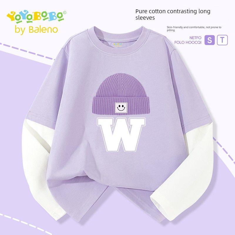 Baleno Kids Ybb Series Girls' Long Sleeve 2025 New Children's Pure Cotton Top for Older Girls, Fake Two-Piece T-Shirt