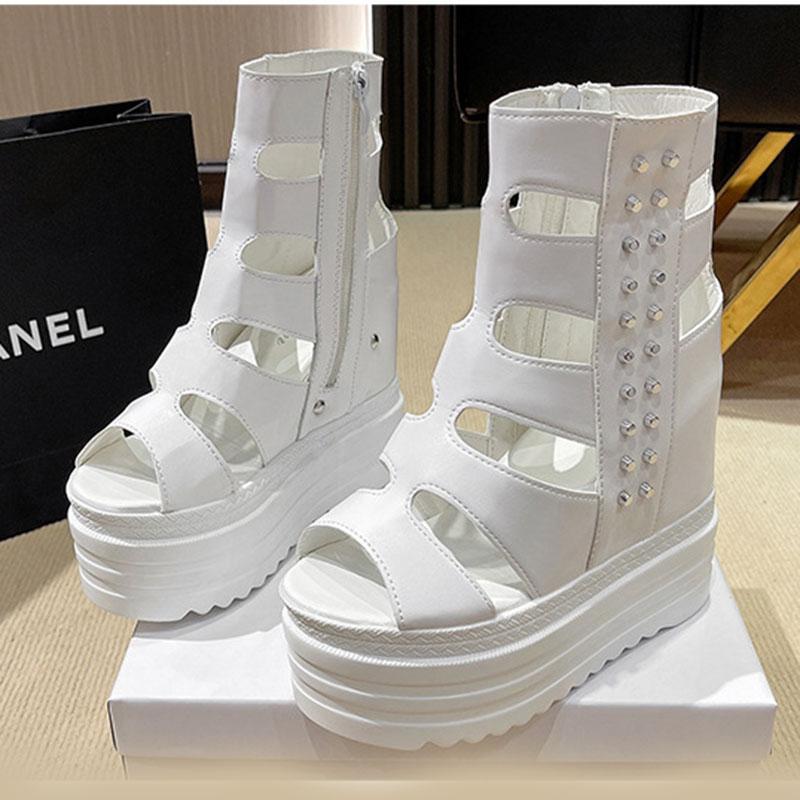 Fashion Fashion Women's Roman Sandals Summer Ultra High Heel Wedge Platform Shoes Side Zip Open Toes Solid Color Sexy Sandalias De Mujer