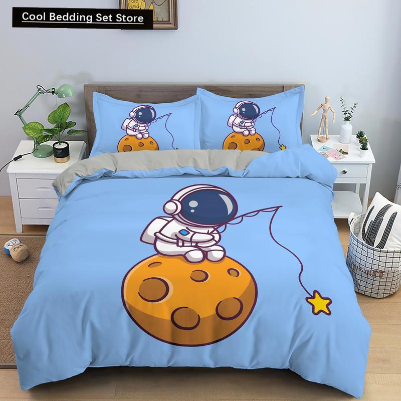 Cartoon Astronaut King Queen Duvet Cover Kawaii Spacecraft Bedding Set for Kids Outer Space Blue 2/3 Pcs Polyester Quilt Cover