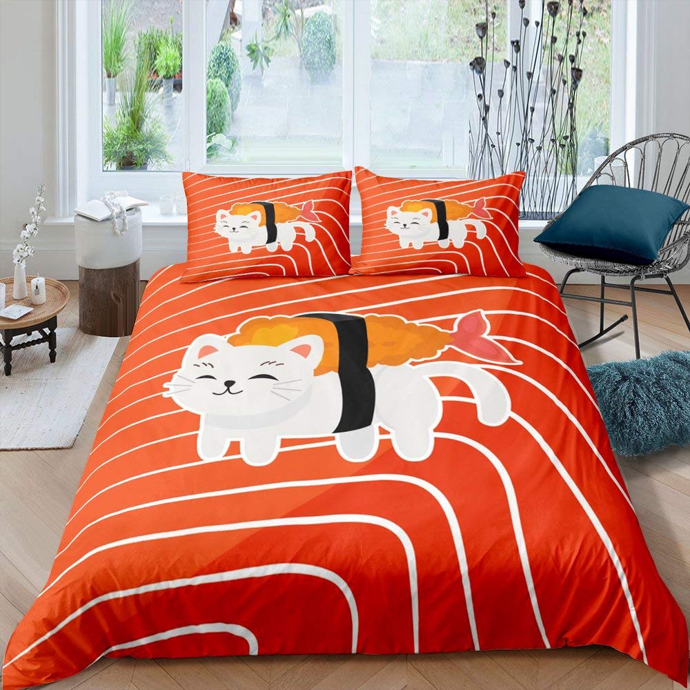 Japanese Sushi King Queen Duvet Cover Little Cat Bedding Set Novelty Cartoon Pet Animal Japan Food White Polyester Quilt Cover