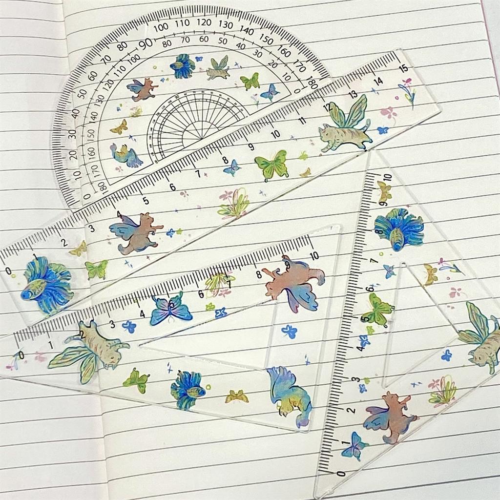 Cute Color Magical Cat with Wings Transparent Ruler 4-piece Set Student Triangle Ruler Protractor Plastic Ruler Stationery