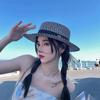 Women Wide Brim Straw Hat with Rhinestone Letter Design Breathable Hats for Vacation Beach Travel Outdoor