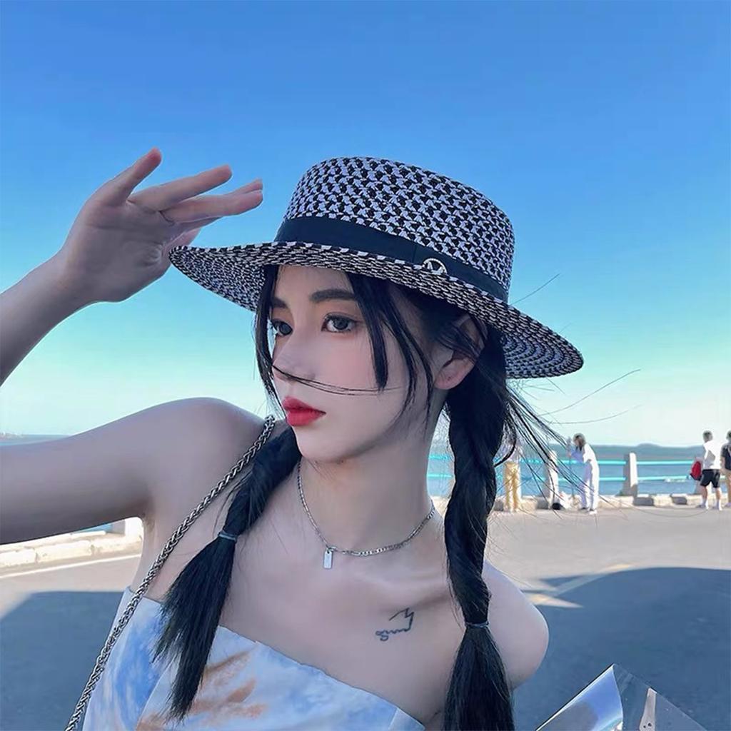 Women Wide Brim Straw Hat with Rhinestone Letter Design Breathable Hats for Vacation Beach Travel Outdoor