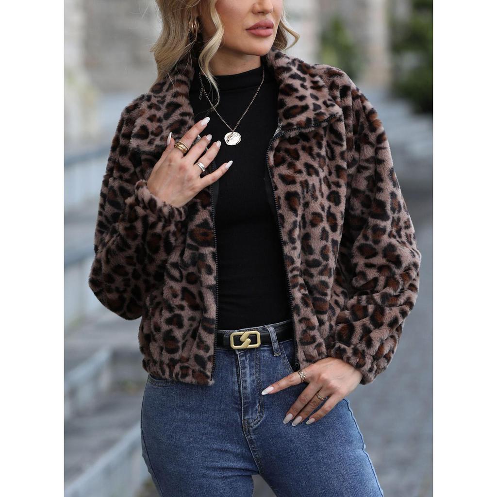 Loose Zipper Long-sleeved Leopard Print Plush Jacket