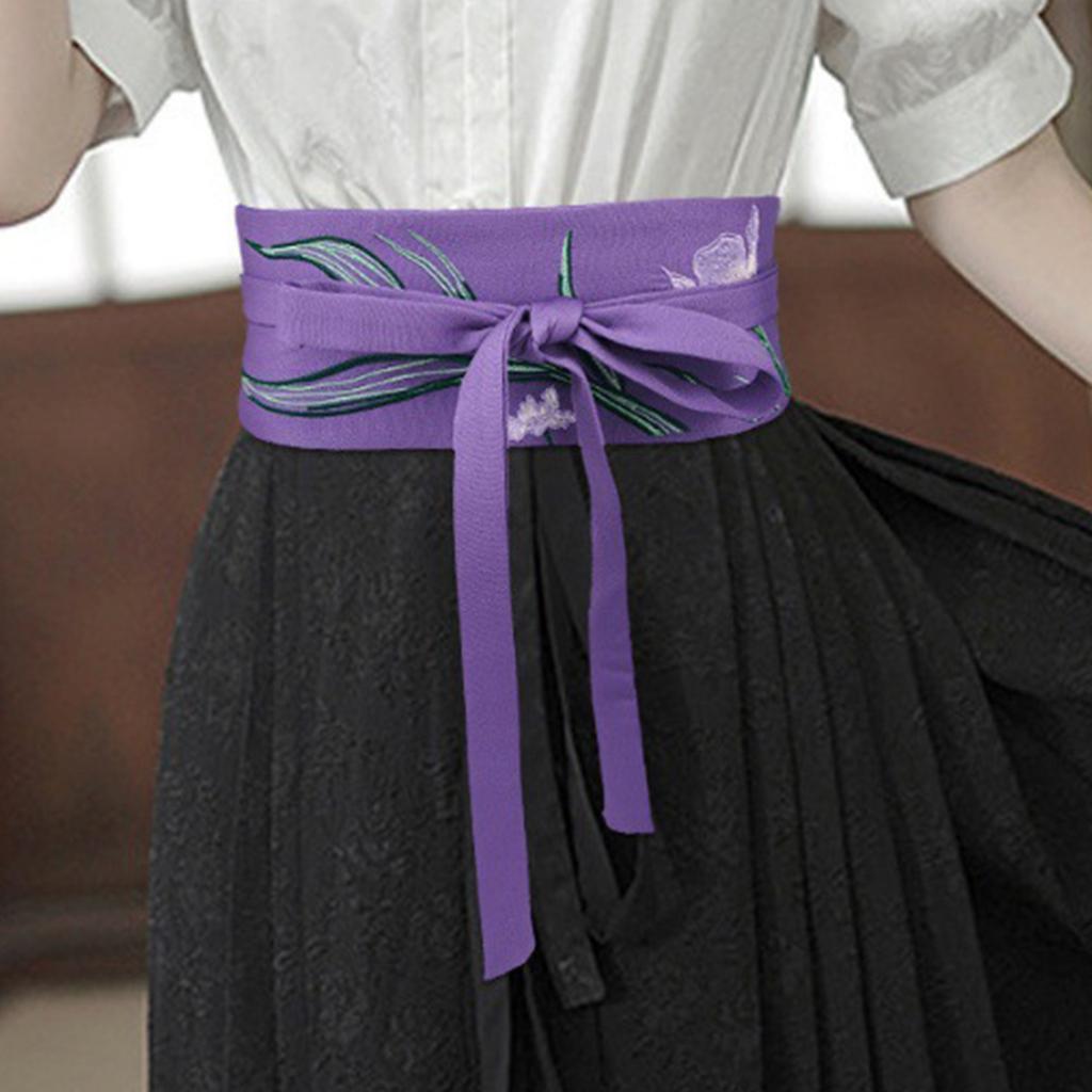 Chinese Mamianqun Hanfu Clothing Waistband with Embroidery Wide Tie Belt with Orchid Flower Pattern for Mamianqun