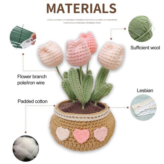 1 Set Vibrant Color Simulation Flower Creative DIY Crochet Kit Tulip Potted Crochet Material Bag