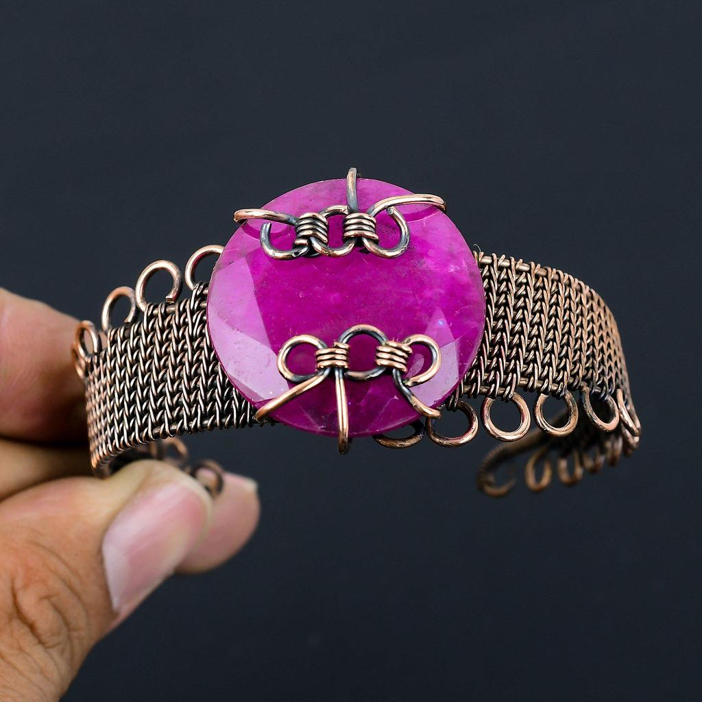 Amazing Red Ruby Gemstone Pure Copper Wire Wrapped Handmade Cuff/ Bangle Jewelry