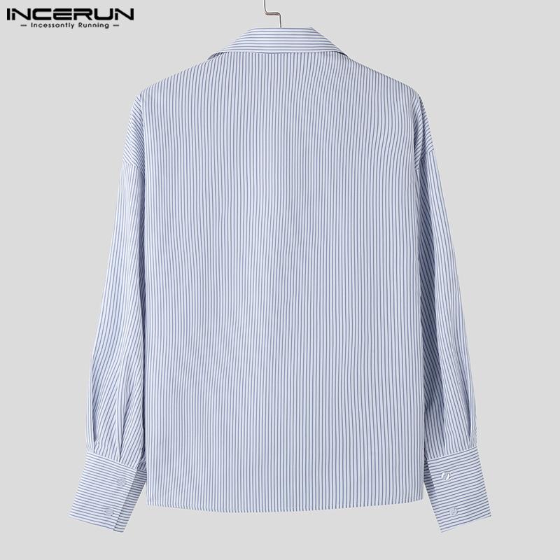 INCERUN Men Lapel Striped Front Cross Long Sleeve Shirts Loose Casual Tops