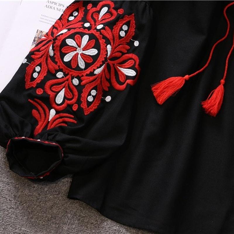 RUGOD Путешествия, отпуск, ретро, ​​этнический стиль, вышивка, кружевная кисточка, v-образный вырез, рубашка в западном стиле с рукавами-фонариками, женский свободный топ