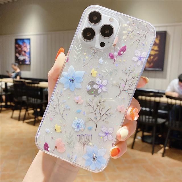 Роскошный прозрачный чехол с цветочным блеском для Iphone 13 11 12 Pro Max Xs Mini Xr X 8 7 Plus Se, модная задняя крышка с листьями и цветочным принтом бабочки