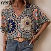 Женские модные повседневные летние весенние блузки и рубашки с цветочным узором и коротким рукавом с v-образным вырезом