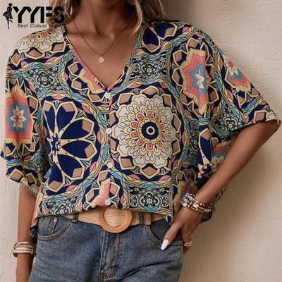 Женские модные повседневные летние весенние блузки и рубашки с цветочным узором и коротким рукавом с v-образным вырезом