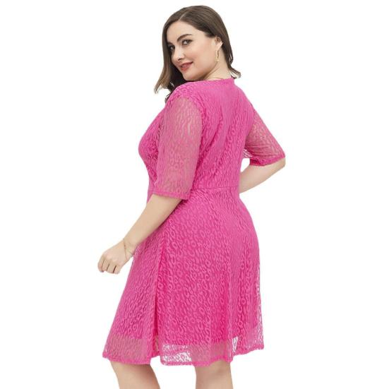 Plus Size Dress Lace V Neck Short Sleeves Leopard Pattern Double-layered Prom Wedding Party Midi Dress Summer Short Dress