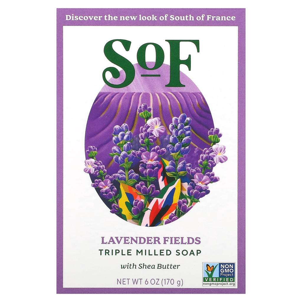 SoF Lavender Fields, French Machine-kneaded Soap with Organic Shea Butter, 6 Oz (170 G)