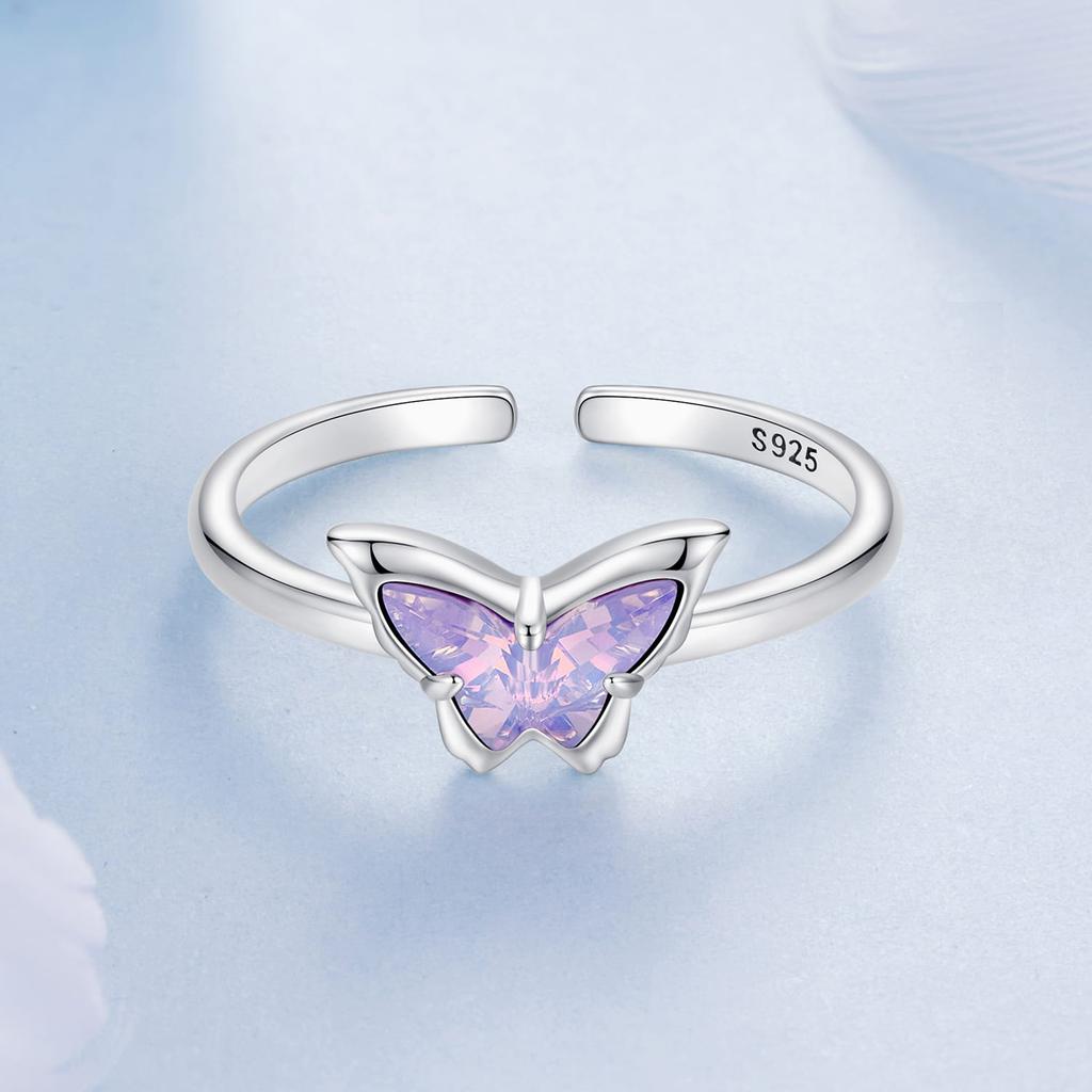 Silver adjustable ring with crystal butterfly, silver 925